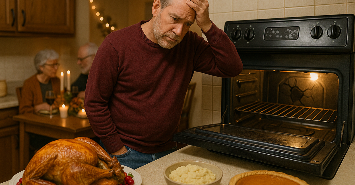 Unhappy man with a broken oven